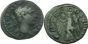 Trajan, 98-117. 
Denarius (Silver) Rome, 102. IMP CAES NERVA TRAIAN AVG GERM P M Laureate head of Trajan to right. Rev. P M TR P COS IIII P P Victory...
