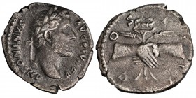 Antoninus Pius Rome, AD 138-139.
AR Denarius.ANTONINVS AVG PIVS] P P, laureate head right / COS [IIII], clasped hands holding caduceus and grain-ears...
