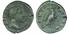 Divus Antoninus Pius, died 161. 
Denarius (Silver) Rome, struck under Marcus Aurelius. Obv: DIVVS ANTONINVS Bare head of Divus Antoninus Pius to righ...