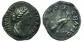 Diva Faustina II AD 175-176. 
Rome Denarius, DIVA FAVSTINA PIA, draped bust right / CONSECRATIO, peacock right. nearly extremely fine RIC 744 (Aureli...