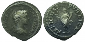 Geta as Caesar AD 198-209. Rome Denarius AR P SEPT GETA CAES PONT, bare and draped bust right / FELICITAS PVBLIC, Felicitas standing left, holding cad...