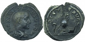 Maximus (son of Maximinus I), as Caesar, AR Denarius. Rome, AD 236-237. MAXIMVS CAES GERM, bare-headed and draped bust right / PIETAS AVG, emblems of ...