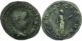 Gordianus III. (238-244 AD). 
Denarius (silver). 240 AD Rome. Vs: IMP GORDIANVS PIVS FEL AVG. Bust with laurel wreath, paludament and armor on the ri...