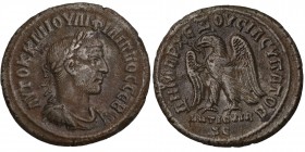 PHILIPPUS II (247–249 AD).
Philippus Antiochia mint. Laureate bust right. Rev. eagle standing, facing head left, wreath in beak. Sear 4146 var. Condi...