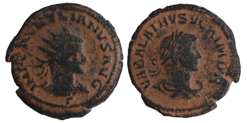 Aurelian and Vabalathus AD 271-272.
Æ Antoninianus. Antioch. Radiate and cuiras...