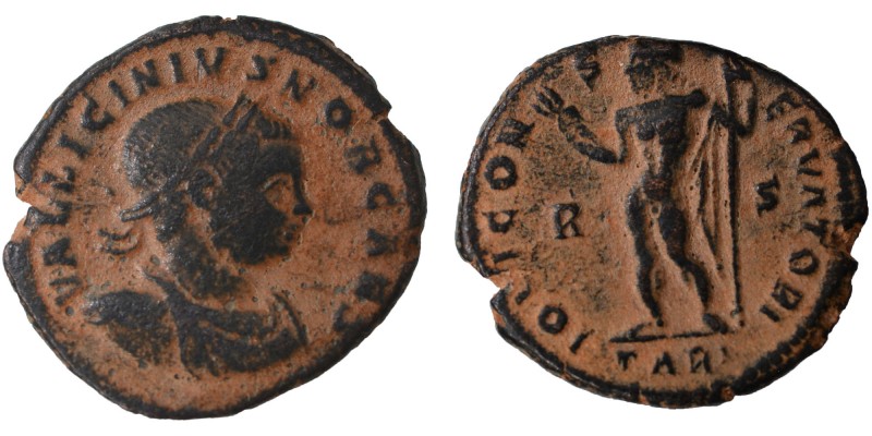 Licinius I AD 317. 
Æ Nummus. Obv: IMP LICINIVS NOB CAES laureate, draped and c...