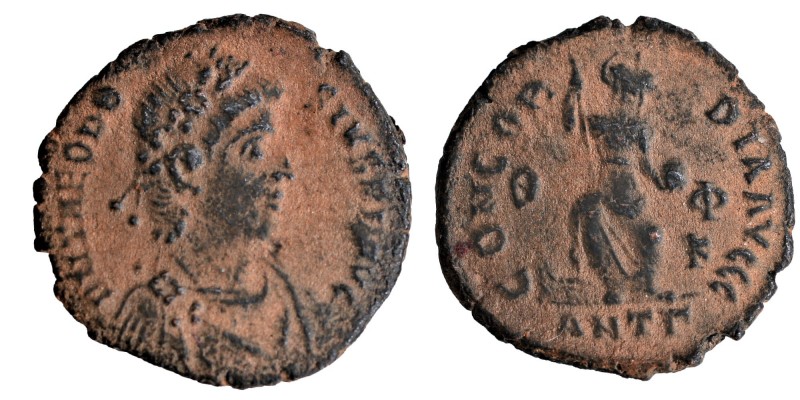 Theodosius I. AD 379-395. Antioch
Follis Æ, D N THEODOSIVS P F AVG, pearl diade...