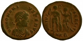 HONORIUS (393-423).
Ae. Cyzicus. Obv: DN HONORIUS AVG. Diademed and draped bust right. Rev: VIRTVS EXERCITI / SMKB. 
Emperor standing left, holding ...