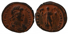 Theodosius I. AD 379-395. 
Rome Follis Æ, DN THEODOSIVS PF AVG, pearl diademed, draped and cuirassed bust right / GLORIA ROMANORVM, emperor standing ...