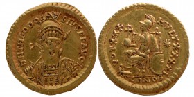 Theodosius II, AV Solidus, Constantinople
Obverse: DN THEODOSIVS PF AVG, helmeted, pearl-diademed and cuirassed bust threequarters facing, holding sp...