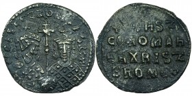 Constantine VII and Romanus II (945-959), 
Follis, Constantinople, c. AD 950-959 AE CONSTCEROMANbROM, facing bust, Costantine VII bearded, Romanus II...