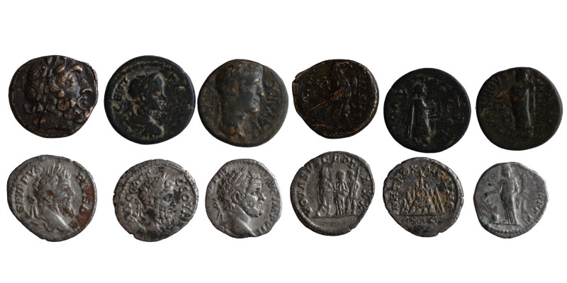 6 pieces, greek and roman coins, as seen