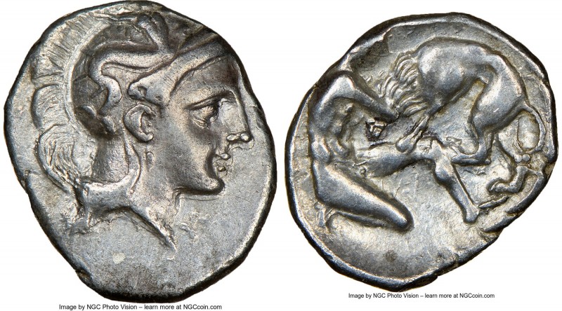 CALABRIA. Tarentum. Ca. 380-280 BC. AR diobol (12mm, 11h). NGC XF. Head of Athen...