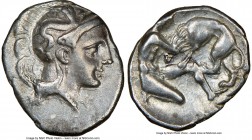 CALABRIA. Tarentum. Ca. 380-280 BC. AR diobol (12mm, 11h). NGC XF. Head of Athena right, wearing crested Attic helmet decorated with figure of Scylla ...