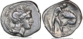 CALABRIA. Tarentum. Ca. 380-280 BC. AR diobol (13mm, 2h). NGC XF. Head of Athena right, wearing crested Attic helmet decorated with figure of Scylla h...