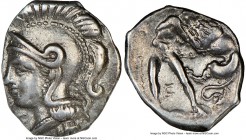 CALABRIA. Tarentum. Ca. 380-280 BC. AR diobol (13mm, 5h). NGC Choice VF. Head of Athena left, wearing crested Attic helmet / TAPAΣ, Hercules kneeling ...