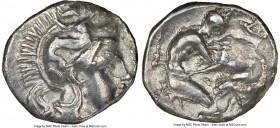 CALABRIA. Tarentum. Ca. 380-280 BC. AR diobol (12mm, 6h). NGC VF. Head of Athena right, wearing crested Attic helmet decorated with figure of Scylla h...