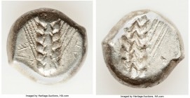 LUCANIA. Metapontum. Ca. 470-440 BC. AR stater (15mm, 7.83 gm, 6h). VF. ME-TA (TA retrograde), six-grained barley ear; dotted border on raised rim / I...