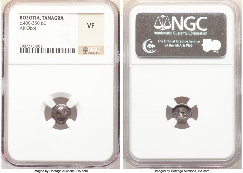 BOEOTIA. Tanagra. Ca. 400-350 BC. AR obol (10mm, 1h). NGC VF. Ca. 387-374 BC. Bo...