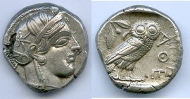 ATTICA. Athens. Ca. 440-404 BC. AR tetradrachm (24mm, 17.16 gm, 8h). AU, flan flaw. Mid-mass coinage issue. Head of Athena right, wearing crested Atti...