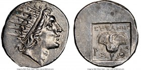 CARIAN ISLANDS. Rhodes. Ca. 88-84 BC. AR drachm (16mm, 12h). NGC Choice AU. Plinthophoric standard, Euphanes, magistrate. Radiate head of Helios right...