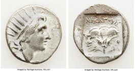 CARIAN ISLANDS. Rhodes. Ca. 88-84 BC. AR drachm (16mm, 2.32 gm, 1h). VF. Plinthophoric standard, Nicagoras, magistrate. Radiate head of Helios right /...