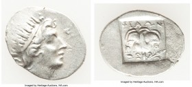 CARIAN ISLANDS. Rhodes. Ca. 88-84 BC. AR drachm (17mm, 1.88 gm, 11h). Choice VF. Plinthophoric standard, Philon, magistrate. Radiate head of Helios ri...