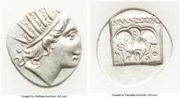 CARIAN ISLANDS. Rhodes. Ca. 88-84 BC. AR drachm (16mm, 2.39 gm, 12h). XF. Plinthophoric standard, Callixei(nos), magistrate. Radiate head of Helios ri...