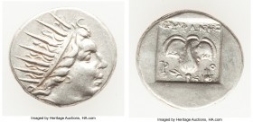CARIAN ISLANDS. Rhodes. Ca. 88-84 BC. AR drachm (14mm, 2.72 gm, 12h). About XF. Plinthophoric standard, Euphanes, magistrate. Radiate head of Helios r...
