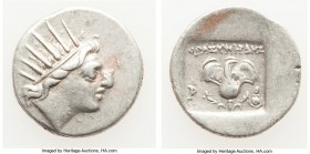 CARIAN ISLANDS. Rhodes. Ca. 88-84 BC. AR drachm (15mm, 2.23 gm, 1h). VF. Plinthophoric standard, Thrasymedes, magistrate. Radiate head of Helios right...
