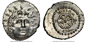 CARIAN ISLANDS. Rhodes. Ca. 84-30 BC. AR drachm (20mm, 4.16 gm, 9h). NGC MS 5/5 - 3/5, brushed. Micion, magistrate. Radiate head of Helios facing, tur...