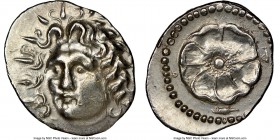 CARIAN ISLANDS. Rhodes. Ca. 84-30 BC. AR drachm (20mm, 12h). NGC AU, brushed. Radiate head of Helios facing, turned slightly left, hair parted in cent...