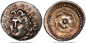 CARIAN ISLANDS. Rhodes. Ca. 84-30 BC. AR drachm (20mm, 12h). NGC Choice XF scuff. Basileides, magistrate. Radiate head of Helios facing, turned slight...