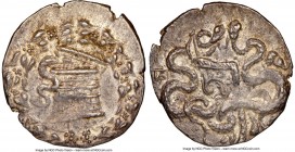 PHRYGIA. Apameia. Ca. 166-133 BC. AR cistophorus (26mm, 12.75 gm, 1h). NGC Choice AU 3/5 - 4/5. Ca. 150-140 BC. Serpent emerging from cista mystica; a...