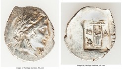 LYCIAN LEAGUE. Masicytes. Ca. 48-20 BC. AR hemidrachm (17mm, 1.81 gm, 12h). AU. Series 3. Laureate head of Apollo right; Λ-Y below / M-A, cithara (lyr...