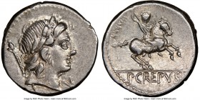 Pub. Crepusius (82 BC). AR denarius (17mm, 8h). NGC Choice XF. Rome. Laureate head of Apollo right, scepter over left shoulder; uncertain symbol below...