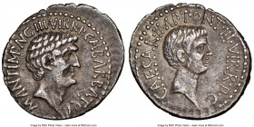 Marc Antony and Octavian, as Triumvirs and Imperators (44-30 BC). AR denarius (20mm, 3.82 gm, 1h). NGC XF 5/5 - 3/5. Ephesus, 41 BC, M. Barbatius Poll...
