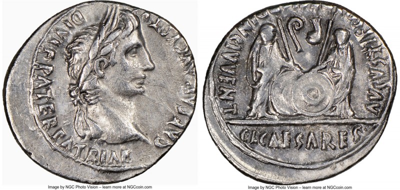 Augustus (27 BC-AD 14). AR denarius (21mm, 3.43 gm, 8h). NGC XF 4/5 - 3/5. Lugdu...