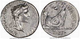 Augustus (27 BC-AD 14). AR denarius (18mm, 3.57 gm, 11h). NGC Choice VF 3/5 - 3/5. Lugdunum, 2 BC-AD 4. CAESAR AVGVSTVS-DIVI F PATER PATRIAE, laureate...
