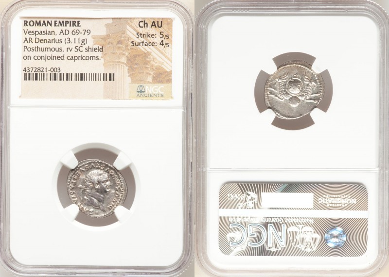 Divus Vespasian (AD 69-79). AR denarius (19mm, 3.11 gm, 6h). NGC Choice AU 5/5 -...