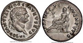 Domitian, as Caesar (AD 81-96). AR denarius (19mm, 3.26 gm, 7h). NGC Choice XF 5/5 - 3/5. Rome, AD 79. CAESAR AVG F DOMITIANVS COS VI, laureate head o...