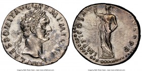 Domitian, as Augustus (AD 81-96). AR denarius (19mm, 3.42 gm, 5h). NGC XF, brushed. Rome, AD 85. IMP CAES DOMIT AVG GERM PM TR P V, laureate head of D...