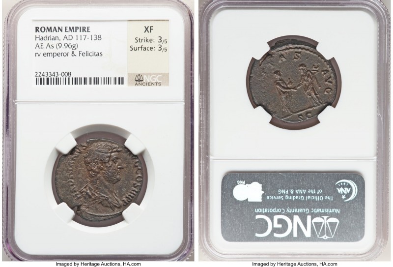 Hadrian (AD 117-138). AE as (27mm, 9.96 gm, 5h). NGC XF 3/5 - 3/5. Rome, ca. AD ...