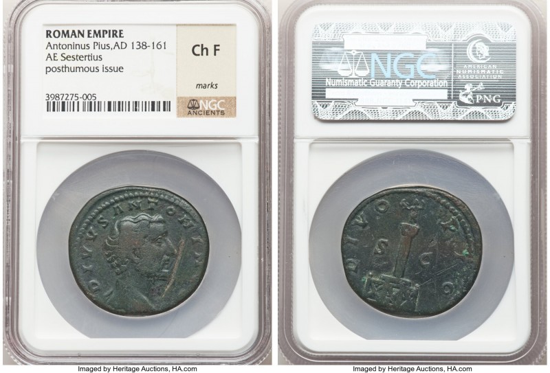 Divus Antoninus Pius (AD 138-161). AE sestertius (31mm, 1h). NGC Choice Fine mar...