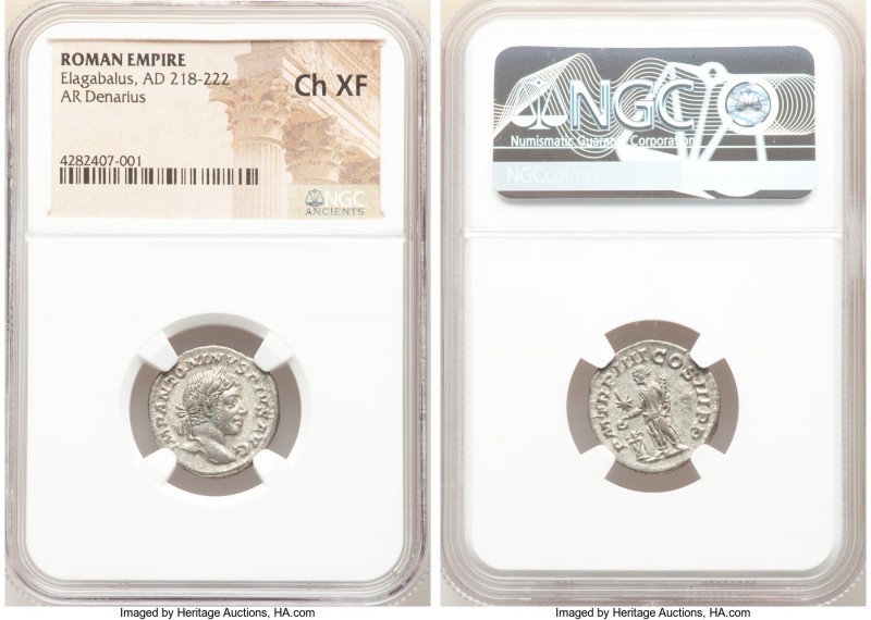 Elagabalus (AD 218-222). AR denarius (18mm, 11h). NGC Choice XF. Rome, AD 221. I...