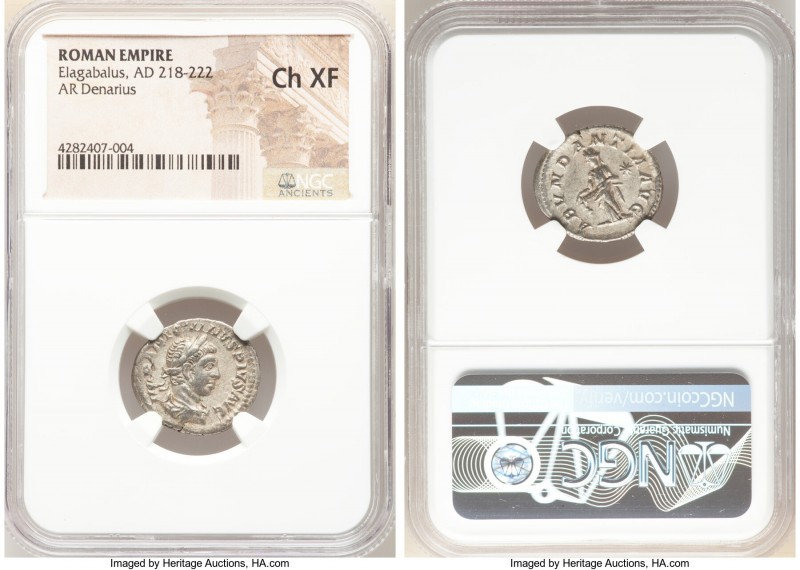 Elagabalus (AD 218-222). AR denarius (19mm, 5h). NGC Choice XF. Rome. IMP ANTONI...