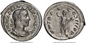 Severus Alexander (AD 222-235). AR denarius (21mm, 3.17 gm, 11h). NGC Choice AU 5/5 - 3/5. Rome, AD 231. IMP ALEXAN-DER PIVS AVG, laureate, draped and...