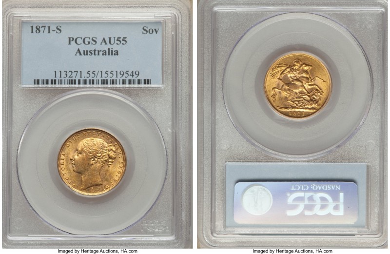 Victoria gold "St. George" Sovereign 1871-S AU55 PCGS, Sydney mint, KM7. Very co...