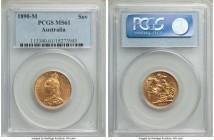 Victoria gold Sovereign 1890-M MS61 PCGS, Melbourne mint, KM10. A rather conservatively graded Sovereign, its fields clear of major marks and sharp de...