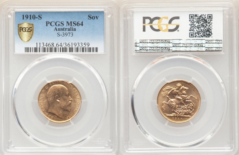 Edward VII gold Sovereign 1910-S MS64 PCGS, Sydney mint, KM15. AGW 0.2355 oz. 
...